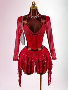 Amplova Chân váy ngắn lấp lánh dành cho nữ, kiểu dáng Y2K, eo siêu trễ, gợi cảm và phá cách, phù hợp cho các buổi hẹn hò, ngày Valentine, chân váy ngắn màu đỏ, gợi cảm và phá cách, váy Giáng sinh cho nữ, váy năm mới, chân váy đỏ. - Màu Đỏ Sâu - Xem 1