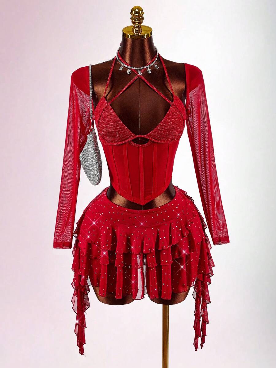 Amplova Chân váy ngắn lấp lánh dành cho nữ, kiểu dáng Y2K, eo siêu trễ, gợi cảm và phá cách, phù hợp cho các buổi hẹn hò, ngày Valentine, chân váy ngắn màu đỏ, gợi cảm và phá cách, váy Giáng sinh cho nữ, váy năm mới, chân váy đỏ. - Màu Đỏ Sâu - Xem 1