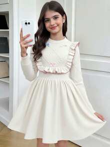 SHEIN Tween Girl Casual Sweet Ruffle Hem Mid-Length Dress, Autumn/Winter - Apricot - View 7