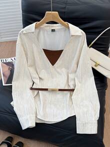 SHEIN Frenchy Damen Lässiges Loose Fit Langarmhemd, geeignet für Pendeln, Imitation Zweiteiler Hemden, Pullover Hemden, Bedruckte Hemden, Business Lässig Bluse für Damen, Lässige Arbeitsbluse, geeignet für Arbeit, Pendeln und Urlaub, Frühling/Herbst, Französischer Stil, Pariser Damen, Europäischer Stil, Europaurlaub, Herbst/Winter, Elegante Blusen für Damen, geeignet für alle Jahreszeiten, Winter für Damen, Neujahr, Neujahr Damen, Französischer lässiger Pendler, Vintage, Minimalistisch, geeignet für den täglichen Gebrauch, Französischer Stil, Europäischer Stil, Weihnachten - Verschiedenfarbig - Übersicht 4