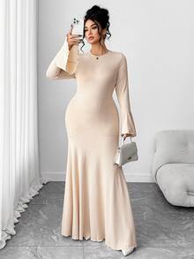 SHEIN Tall CURVE Đầm xòe tay bèo cổ tròn viền đuôi cá thanh lịch mới dành cho nữ cỡ lớn - Màu be - Xem 6