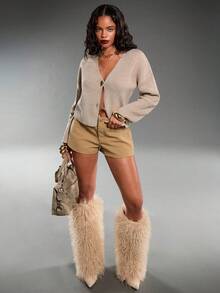 New Simple And Fashionable Office Commuting Deep V Neck Long Sleeve Slim Button Cardigan, Versatile Casual Knitted Sweater In Fall/Winter - Khaki - View 4