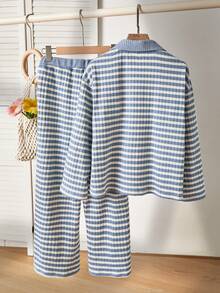 SHEIN 柔软亲肤 | 女童蓝白条纹翻领休闲上衣+阔腿裤时尚套装 - 春秋季长袖长裤套装（无内衬），日常穿着的理想之选 - 藍色 - 查看 2