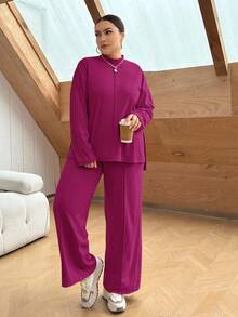 SHEIN Essnce Plus Size Women Solid Color Dropped Shoulder Long Sleeve Top And Wide Leg Pants Casual 2-Piece Set