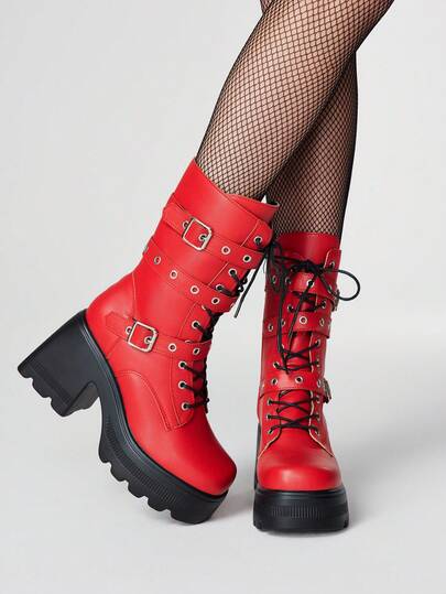 Grunge Punk Stivali da donna con punta quadrata, tacco alto, allacciatura e fibbia, stile punk, tomaia in pelle, cerniera laterale, stivali al polpaccio, nuovi per primavera/autunno, per uso esterno