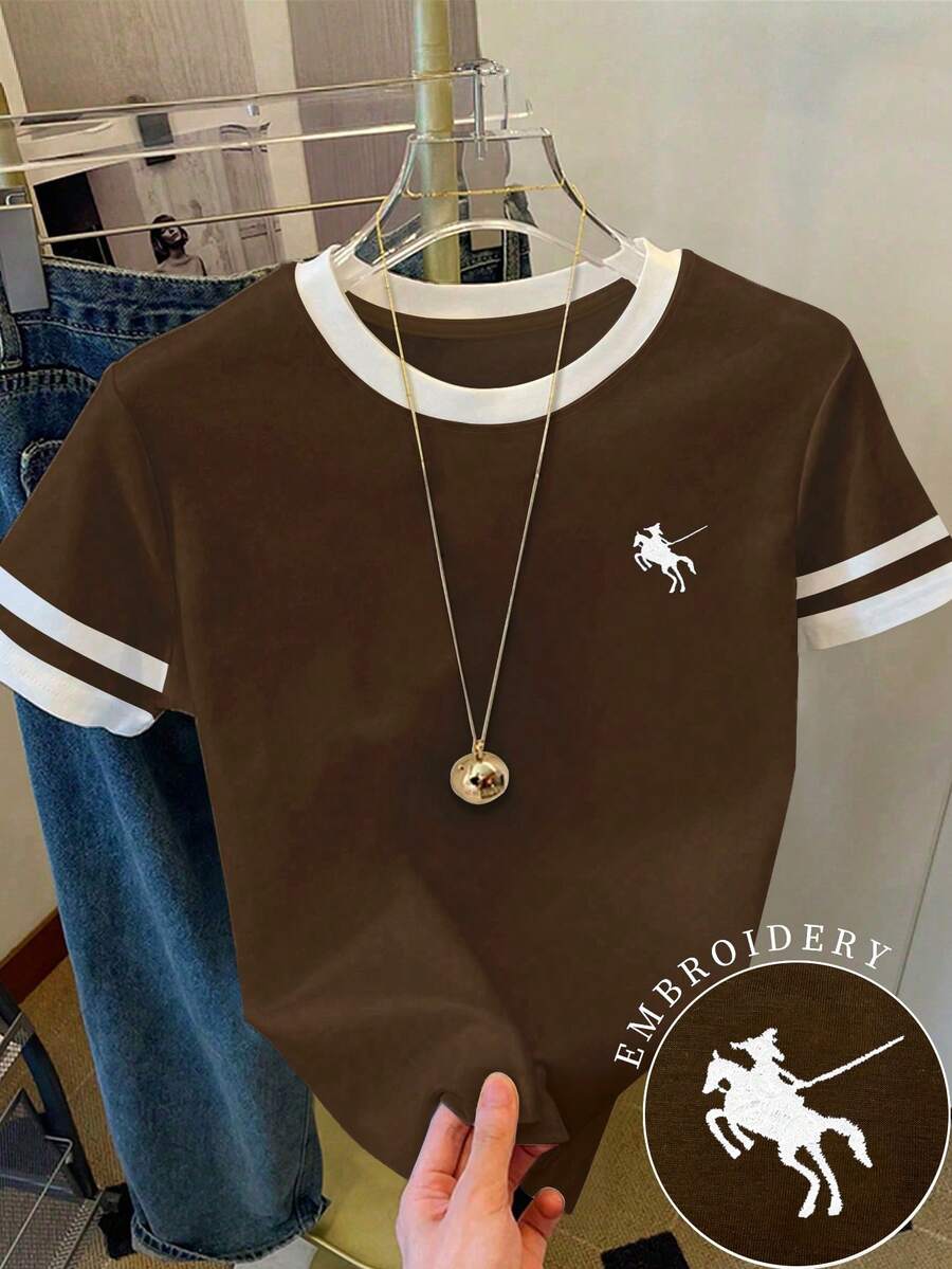 SHEIN 女款T恤/保罗图案印花/刺绣工艺/女士宽松休闲撞色圆领T恤上衣/春夏 - 彩色 - 查看 1