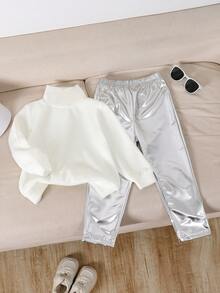 Genkimix Kids 两件套女童冬季长袖套装，儿童高领长袖上衣+休闲裤套装，带保暖内衬长袖内衣，修身简约百搭休闲套装，适合秋冬季穿着 - 白色 - 查看 4