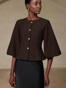Aveloria Rosie Elegant French Retro Romantic Luxury High-End Design Herringbone Round Neck 3/4 Petal Sleeve Cinched Waist Slim Metal Button Women Blazer - Brown - View 4