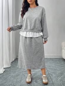 SHEIN LUNE 大码两件套：休闲长袖上衣和宽松半身裙 - 灰色 - 查看 5