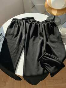 SHEIN EZwear 加大码女式黑色抽绳腰带口袋慢跑裤 - 黑色 - 查看 4