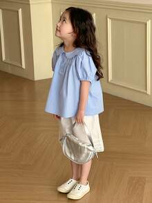 Dazy Kids Conjunto de 2 piezas para niñas con blusa de manga abullonada y shorts de unicolor, atuendo de verano para niñas - Azul - Ver 4