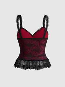 ROMWE Goth Style Lace-Up Waist Asymmetrical Layered Hem Spider Web Mesh Women Tank Top - Multicolor - View 2