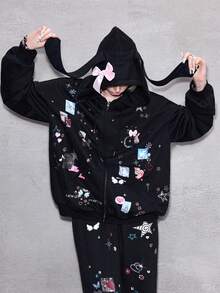 ROMWE Avant Y2K 坏坏朋克可爱蝴蝶结骷髅兔像素星星月亮爱心猫狗刺绣水钻兔耳宽松卫衣外套 - 黑色 - 查看 8