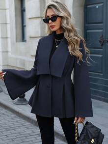 EMERY ROSE Abrigo de lana holgado de mujer con cuello vuelto, escote en V, doble botonadura, abertura frontal, línea A, mangas acampanadas y puños sueltos, adecuado para primavera, otoño e invierno, con estilo francés elegante y casual para ir al trabajo