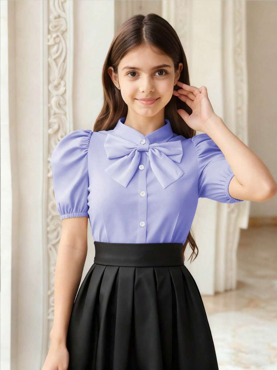 SHEIN Áo cánh dệt trắng thanh lịch dành cho bé gái tuổi teen, tay bồng, nơ có thể tháo rời, đa năng khi đi làm, kết hợp với váy, quần ống rộng, quần bó, quần short, thích hợp mặc khi trở lại trường và mặc hàng ngày - Màu tím - Xem 1