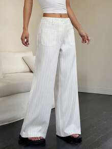 Flirla Women's Low Waist Striped Retro Versatile Wide Leg Pants With Pockets Fall Cloth For Women - White - View 6