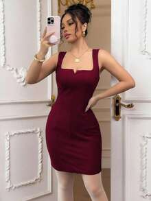 Elenzga Đầm ôm sát cơ thể cổ vuông không tay, thắt eo, tối giản, thanh lịch dành cho nữ - Màu Đỏ Sâu - Xem 3