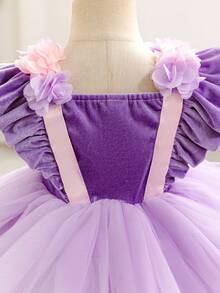 SHEIN Glamorique Kids 紫色薄纱蛋糕裙，女婴公主裙，圣诞女婴裙，派对礼服，圣诞老人裙，新年裙，花卉刺绣，金色丝带，蕾丝，舞台表演，中东风情，优雅正式礼服，四季皆宜