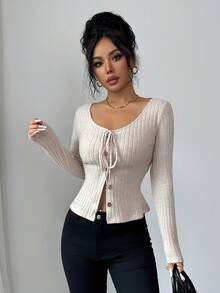 SHEIN Elenzya Women's Elegant Commuter Fashion New Sexy Apricot Ribbed Square Neck Tie Bow Slim Fit Button Long Sleeve T-Shirt, Spring/Autumn - Apricot - View 6