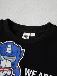 Transformers X SHEIN 2件套男童可爱卡通机器人印花圆领插肩袖卫衣和宽松针织裤休闲运动套装，黑色 - 黑色 - 查看 4