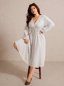 Elaquor Plus Size Urban Minimalist Knit Striped V-Neck Waist Flared Midi Dress For Women - Apricot - View 6
