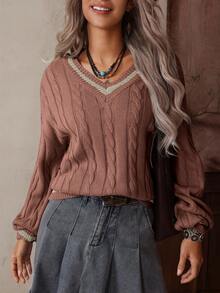 SHEIN LUNE Women's Casual V-Neck Drop Shoulder Ribbed Knit Sweater, Autumn/Winter - Coffee Brown - View 3
