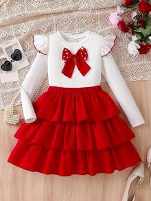 Elladie kids New European Style Round Neck Butterfly Sleeve Long Sleeve Set + A-Line Skirt With Bowknot And Ruffle Hem Top, 2 Piece Set - Red and White - View 3