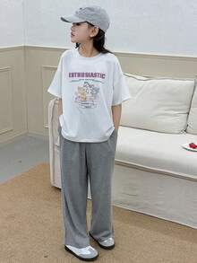 Dazy Kids 2pcs/Set Tween Girls Crew Neck Printed Short Sleeve T-Shirt + Knit Wide Leg Pants Loungewear, Spring/Summer - White - View 2