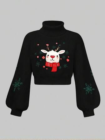 Suéter de mujer con bordado lindo de renos y copos de nieve, Navidad