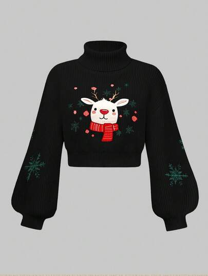 Maglione natalizio da donna con ricamo carino di renne e fiocchi di neve