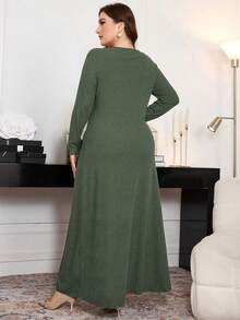 Modelyn 大码罗纹蝴蝶结装饰A字长袖休闲连衣裙，适合春秋季穿着，女士长款晚礼服 - 軍綠色 - 查看 2