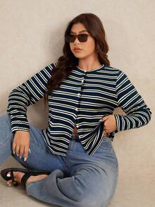 Elaquor Plus Size Striped Crew Neck Long Sleeve Button Front Casual Versatile T-Shirt Spring - Navy Blue - View 3