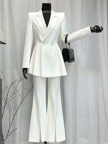 Franclia 女式优雅喇叭下摆带衬里长袖开叉喇叭裤套装 - 白色 - 查看 3