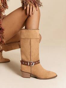 Daringsoles Damstövlar med spetsig tå och nitspänne i trendiga westernstövlar med grov klack - Brun - Visa 12