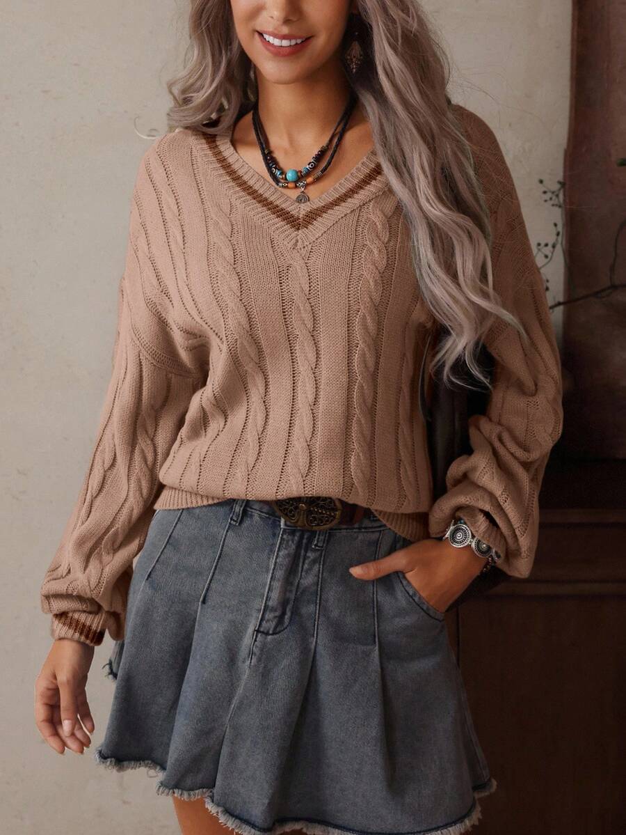SHEIN LUNE 休闲宽松长袖百搭女式毛衣 - 駝色 - 查看 1