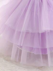 SHEIN Glamorique Kids 紫色薄纱蛋糕裙，女婴公主裙，圣诞女婴裙，派对礼服，圣诞老人裙，新年裙，花卉刺绣，金色丝带，蕾丝，舞台表演，中东风情，优雅正式礼服，四季皆宜