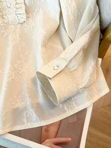 GlowEve CURVE Plus Size Women Elegant Solid Color Jacquard Lace Patchwork V-Neck Long Sleeve Button-Up Shirt, Suitable For Commute And Everyday Wear - Apricot - View 4