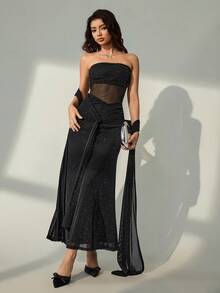 Lyxana Vestido de mujer de unicolor con parches de malla - Negro - Ver 6
