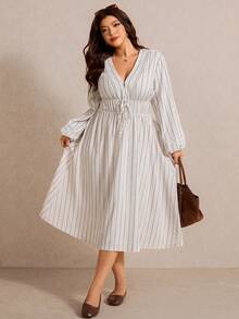 Elaquor Plus Size Urban Minimalist Knit Striped V-Neck Waist Flared Midi Dress For Women - Apricot - View 1