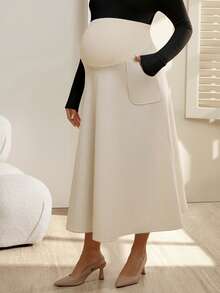 SHEIN Solid Color Long Pocket Maternity Skirt, Autumn/Winter - Beige - View 3