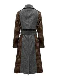 GlowEve 女士秋冬翻领拼接格纹长袖系带羊毛大衣 - 彩色 - 查看 2