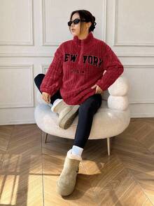 SHEIN EZwear 2pcs/Set Casual Letter Print Zip-Up Fleece Hoodie And Fitted Yoga Pants, Versatile Plus Size, Autumn/Winter  Christmas Clothes New Year Clothes Work From Home Outfit Comfy Outfits Women New York Outfits Women - Burgundy - View 5