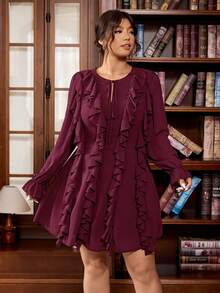 Vionelle Plus Size Women's Burgundy French Chiffon V-Neck Elegant Autumn Retro Ruffle Hem Long Sleeve Blouse,Perfect For Wedding Guest,Office&Party Wear - Burgundy - View 1