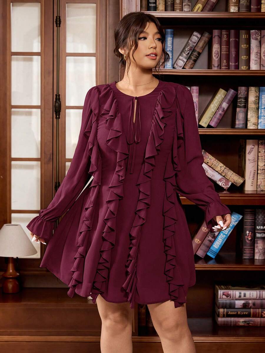 Vionelle Plus Size Women's Burgundy French Chiffon V-Neck Elegant Autumn Retro Ruffle Hem Long Sleeve Blouse,Perfect For Wedding Guest,Office&Party Wear - Burgundy - View 1