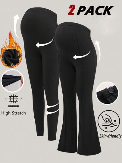 Modmama 2pcs Maternity Solid Flared Pants With Adjustable Waist & Wide Waistband Leggings Set