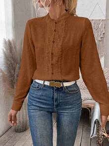 EMERY ROSE Women's Solid Color Contrast Lace Long Sleeve Single-Breasted Elegant Blouse