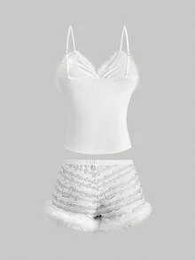 ROMWE J-Fashion Y2K辣妹风Abby Himekaji冬季雪地套装，可拆卸毛绒背心搭配低腰毛绒短裤，女款两件套 - 白色 - 查看 2