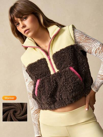 VARSIVA Áo khoác vest lông thú giả màu tương phản có khóa kéo phía trước dành cho nữ