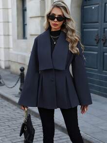 EMERY ROSE Abrigo de lana holgado de mujer con cuello vuelto, escote en V, doble botonadura, abertura frontal, línea A, mangas acampanadas y puños sueltos, adecuado para primavera, otoño e invierno, con estilo francés elegante y casual para ir al trabajo