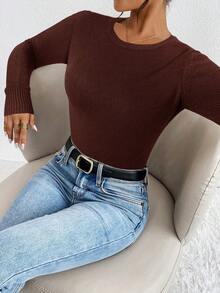 SHEIN Frenchy Suéter de cuello redondo de manga larga de unicolor y minimalista para mujer, para uso diario - Marrón - Ver 4